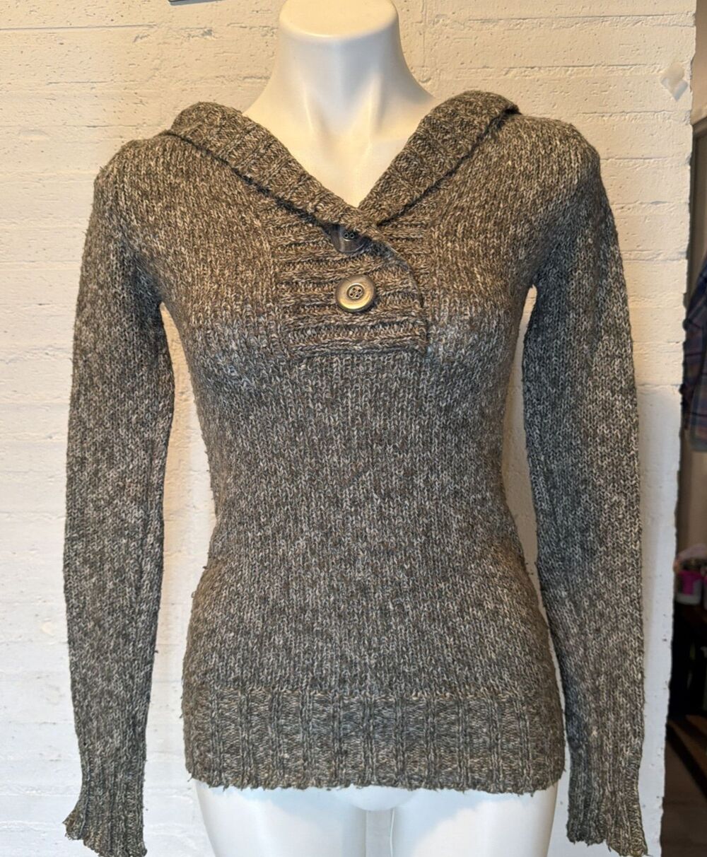 Vintage 90s Y2K Wool-Blend Wet Seal Collared Hooded Marbled Sweater XS